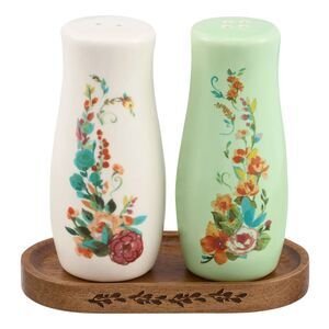 Pioneer Woman Painted Meadow Salt Pepper Shakers Acacia Wood Tray 3-Pc Gift NEW